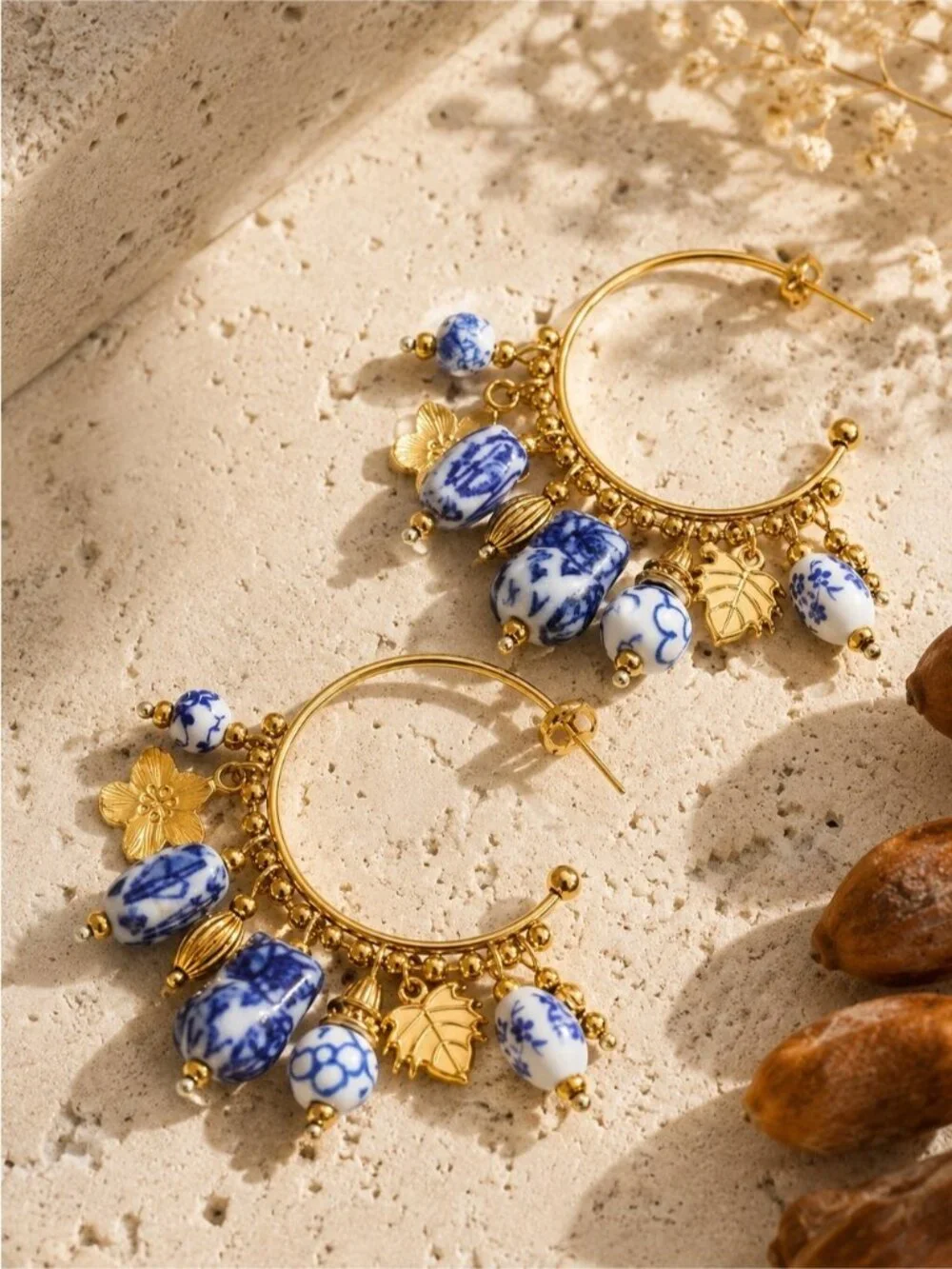 Gold Hoop Earrings with Blue and White Beads and Floral Charms